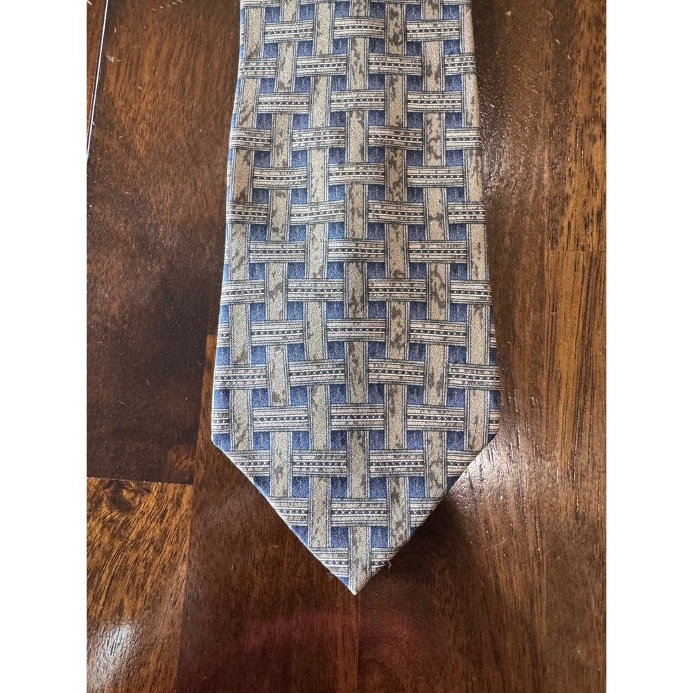 Croft & Barrow Mens Blue Tan Grey Basketweave Geometric Silk Necktie